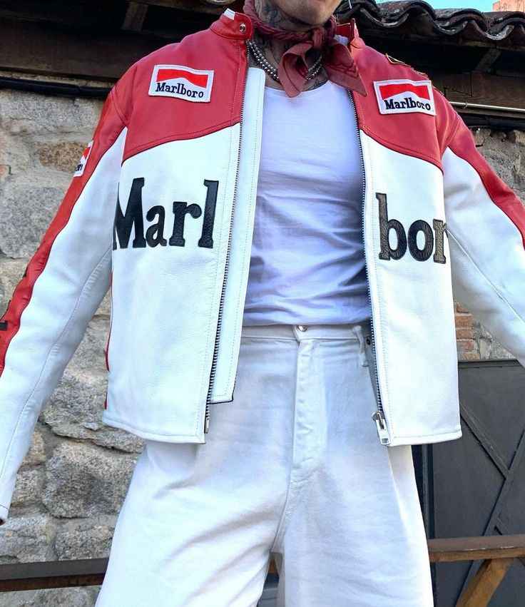 Marlboro Racing Jacket - Chic Pink Ferrari Jacket for Girls | Stylish & Fully Embroidered, shown on a model with red and white racing panels and embroidered logos
