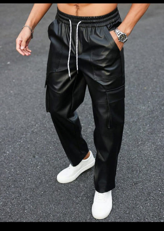 Black Faux Leather Cargo Joggers – Urban Edge Meets Street Comfort