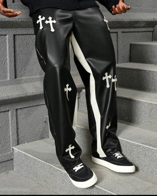 Gothic Street Cross Patch Leather Pants – Bold, Black and Unapologetic
