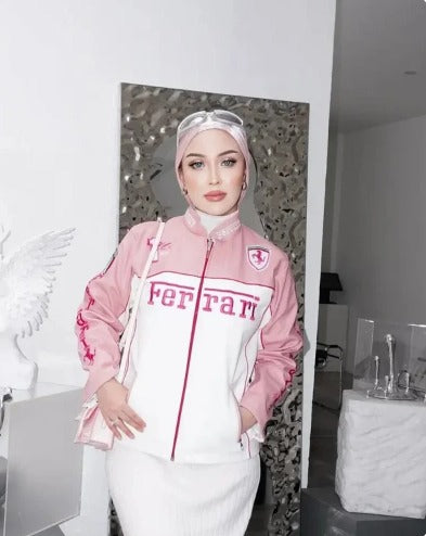 Ferrari racing fully embroidered jacket in pink for girls.