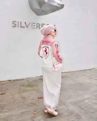 Chic Pink Ferrari Racing Jacket for Girls - Embroidered & Stylish by Xoratic, shown from the back on a young girl model
