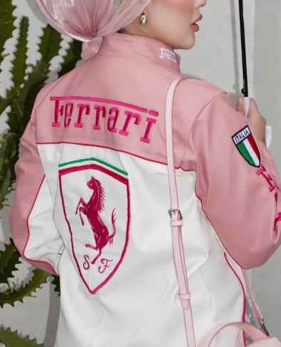 Chic Pink Ferrari Racing Jacket for Girls - Embroidered & Stylish, showing Ferrari lettering, shield emblem, and Italian flag patch on the back, by Xoratic