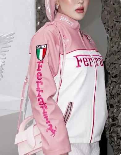 Chic Pink Ferrari Racing Jacket for Girls - Embroidered & Stylish in pink and white with Ferrari branding worn by a model