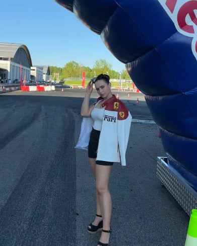 Red and white racing jacket by Xoratic