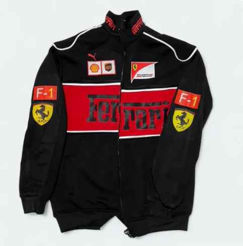 Ferrari Racing Jacket in Black - Embrace the Spirit of Motorsport, black racing jacket with red stripes, team patches, and zip front by Xoratic