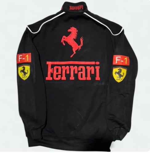 Ferrari Racing Jacket in Black - Embrace the Spirit of Motorsport, black jacket with red Ferrari branding, prancing horse emblem, and Formula 1 sleeve patches by Xoratic