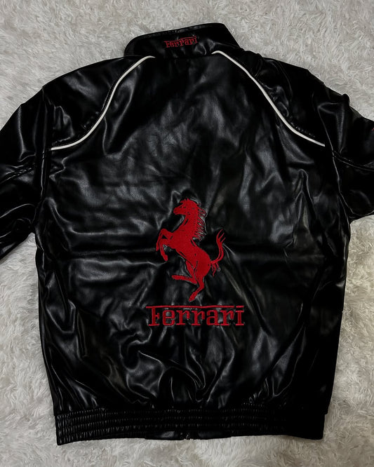 Ferrari racing fully embroidered jacket in black& red leather | Xoratic.