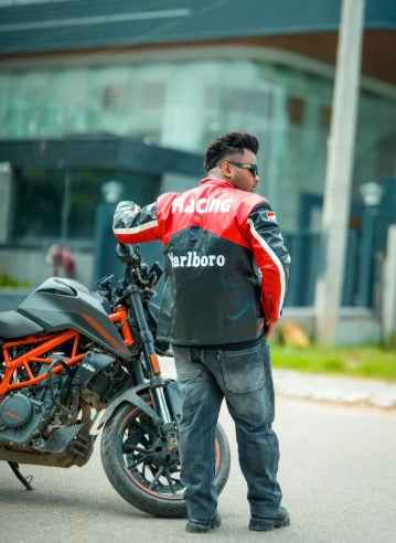 Black and red embroidered racing jacket by Xoratic