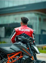 Black and red embroidered racing jacket by Xoratic