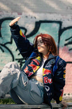 Navy blue embroidered racing jacket by Xoratic