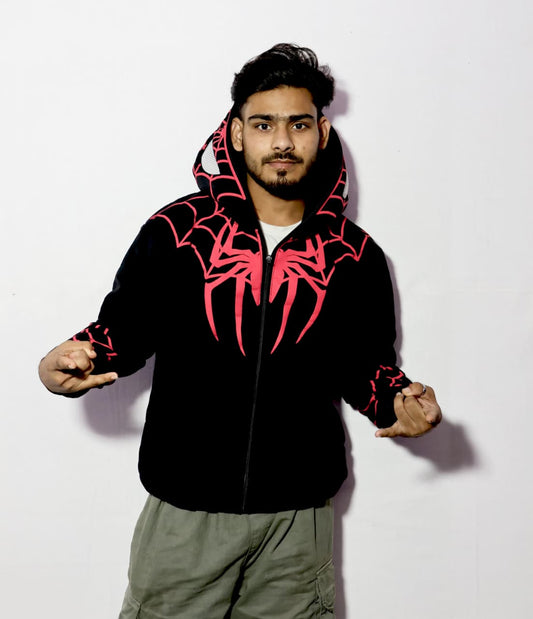 Black Spider Print Zip Hoodie in Xoratic
