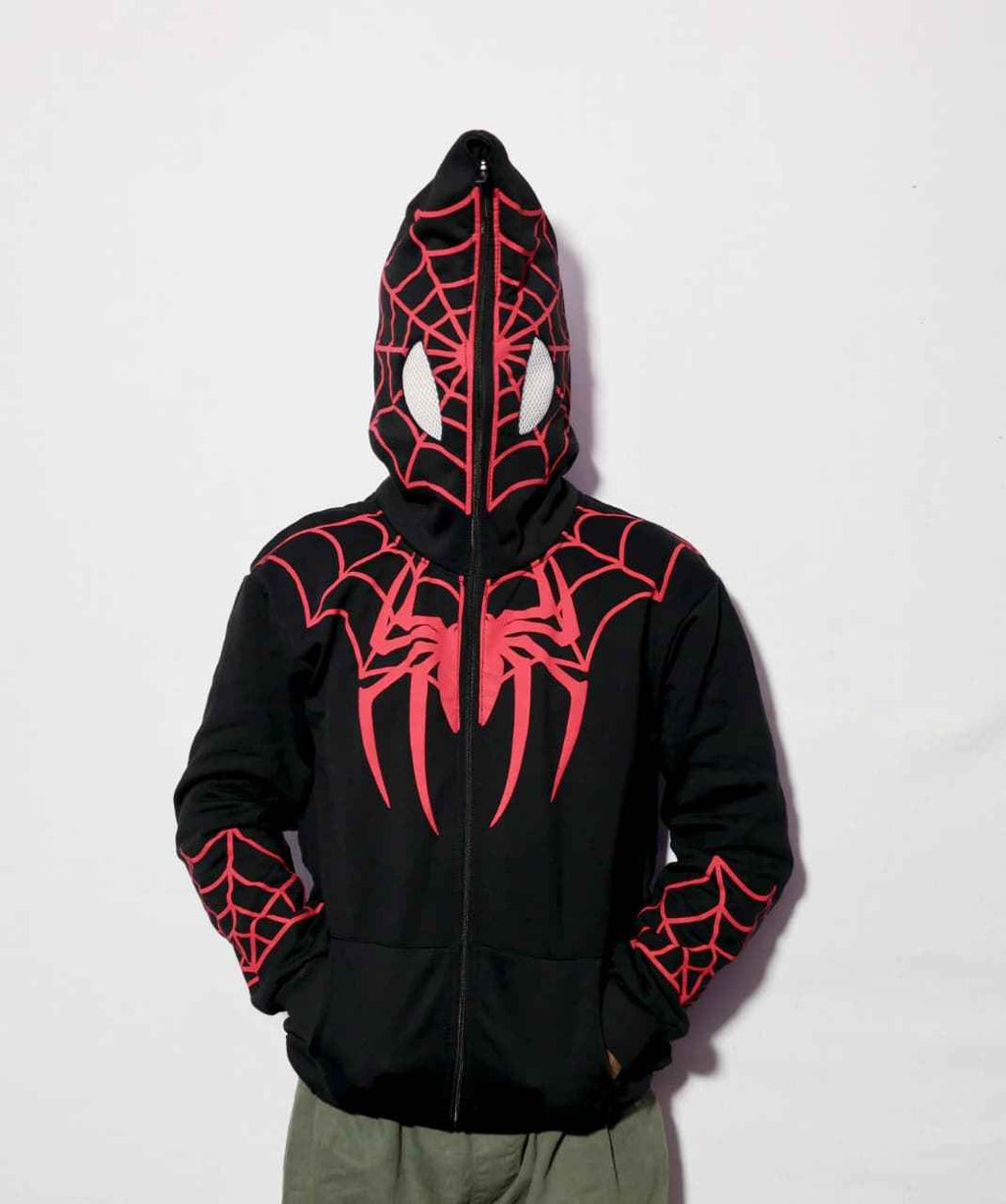 Black Spider Print Zip Hoodie in Xoratic