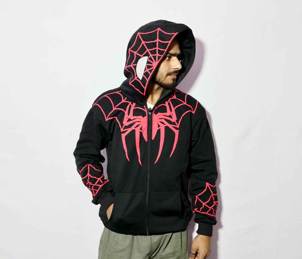 Black Spider Print Zip Hoodie in Xoratic