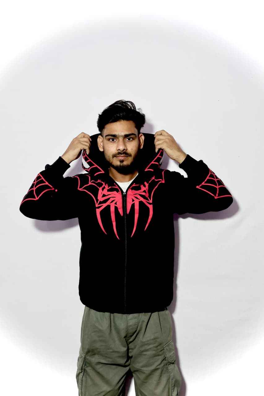 Black Spider Print Zip Hoodie in Xoratic