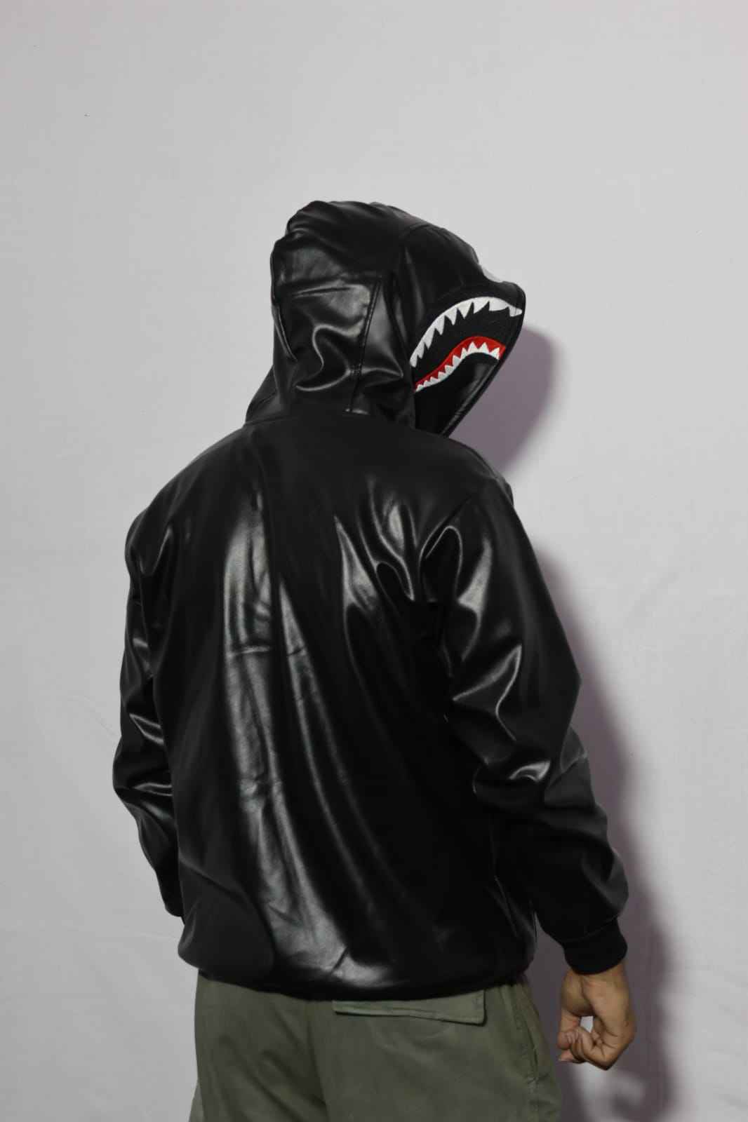 Full-Zip Shark Face Hooded Black Leather-Style Hoodie for unisex.