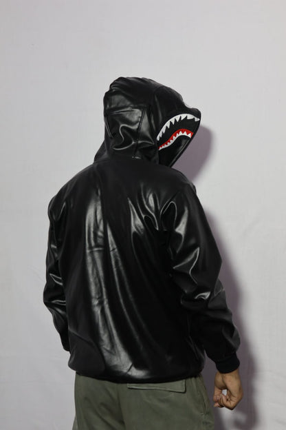 Full-Zip Shark Face Hooded Black Leather-Style Hoodie for unisex.
