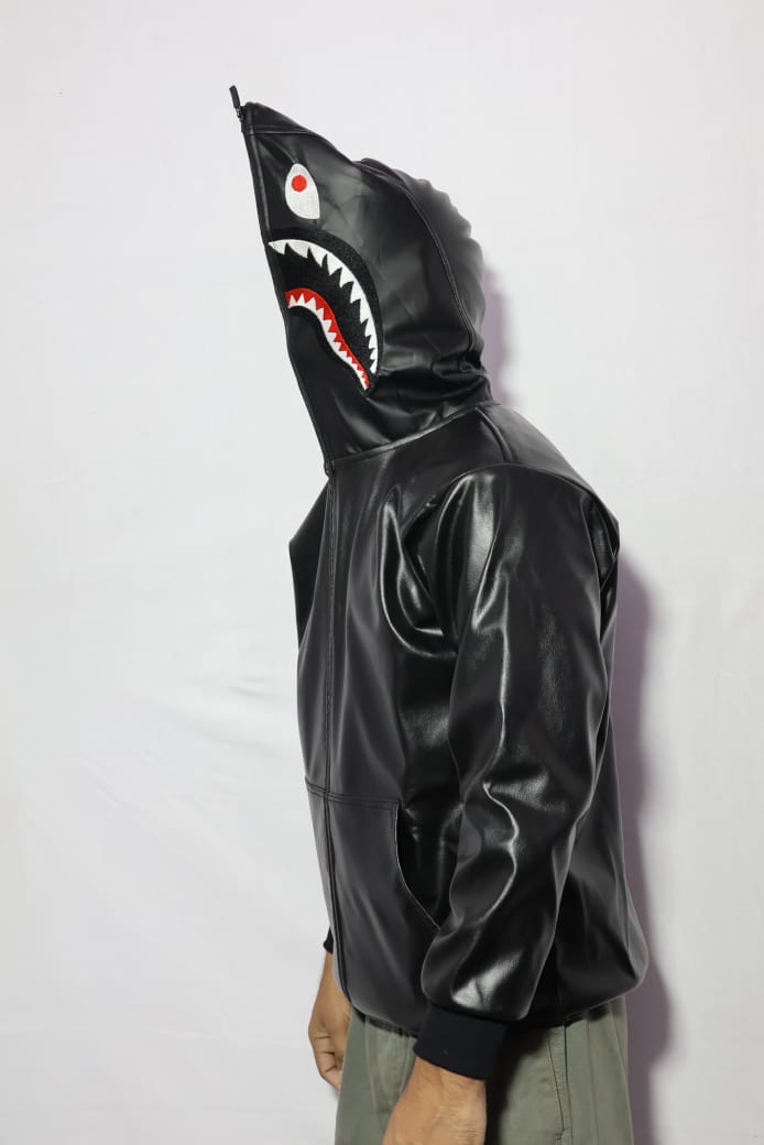 Full-Zip Shark Face Hooded Black Leather-Style Hoodie for unisex.