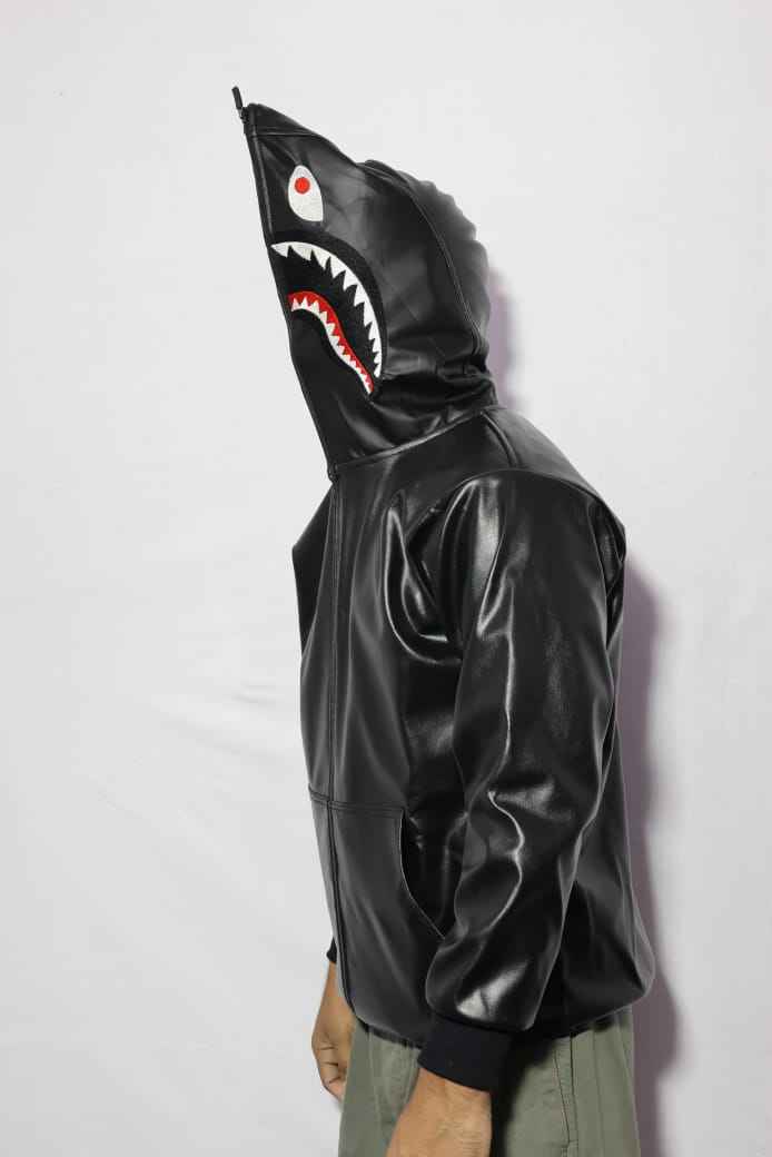 Full-Zip Shark Face Hooded Black Leather-Style Hoodie for unisex.