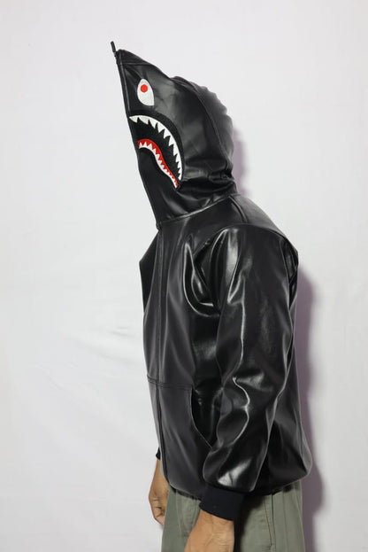 Full-Zip Shark Face Hooded Black Leather-Style Hoodie for unisex.