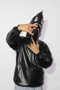 Full-Zip Shark Face Hooded Black Leather-Style Hoodie for unisex.