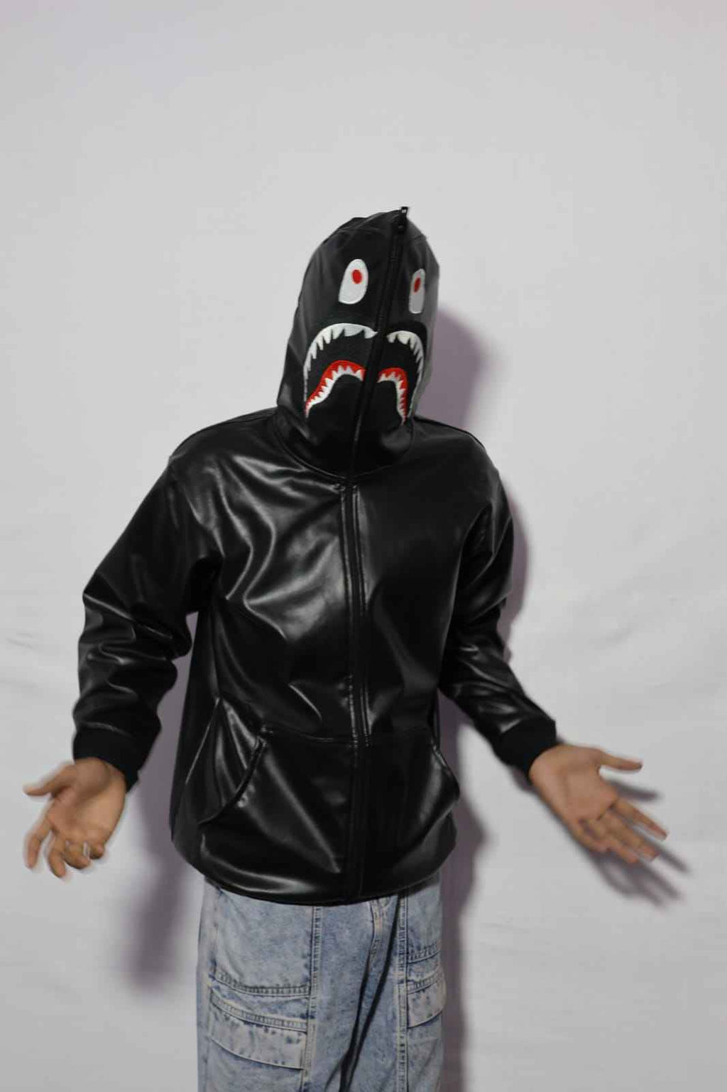 Full-Zip Shark Face Hooded Black Leather-Style Hoodie for unisex.