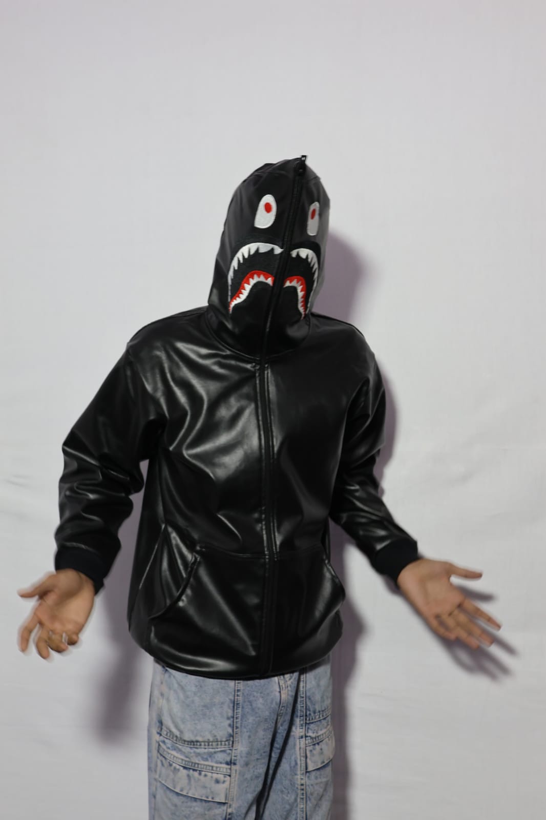 Full-Zip Shark Face Hooded Black Leather-Style Hoodie for unisex.