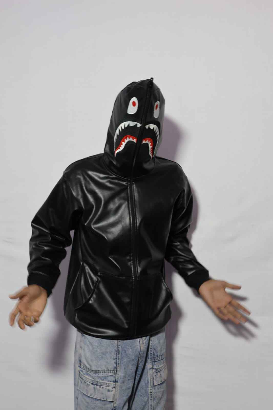 Full-Zip Shark Face Hooded Black Leather-Style Hoodie for unisex.