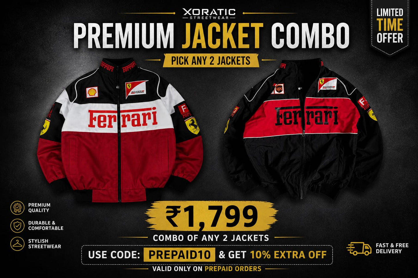 Ferrari Jacket Duo Pack – Premium Black & Tri-colour Combo | Xoratic