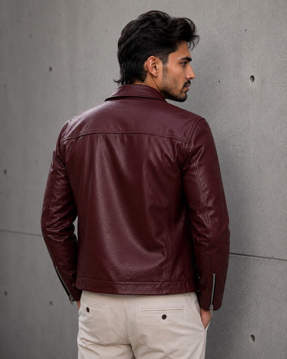 Men's Premium Burgundy Leather Jacket | Stylish Slim Fit Casual Jacket