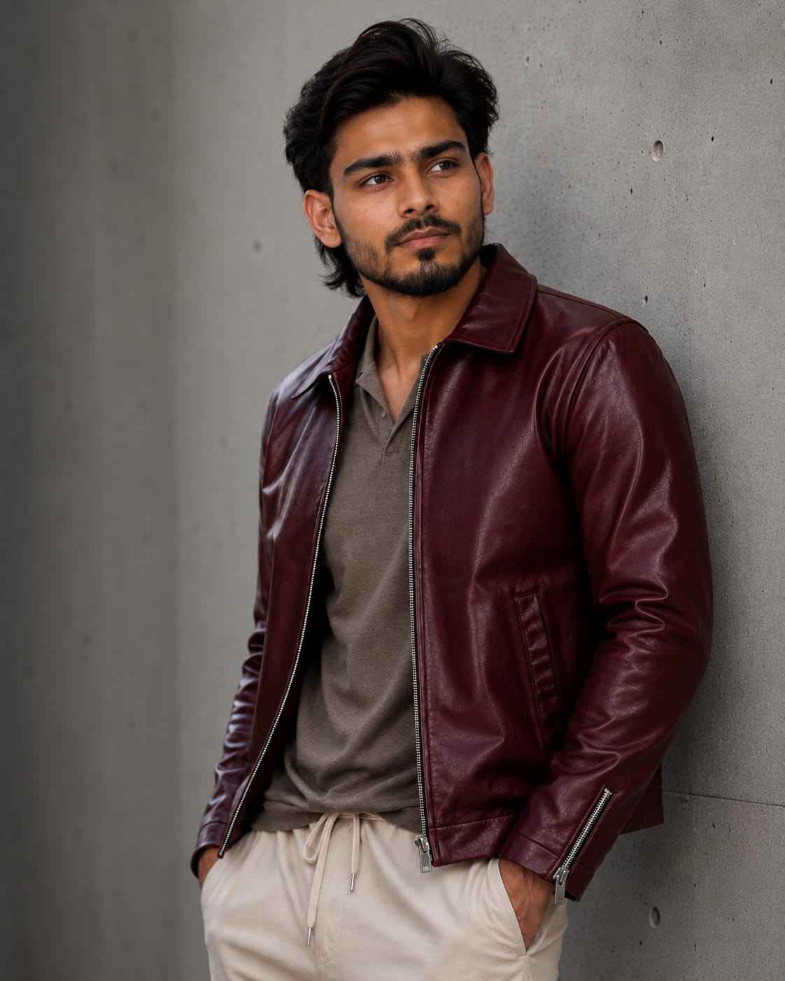 Men's Premium Burgundy Leather Jacket | Stylish Slim Fit Casual Jacket