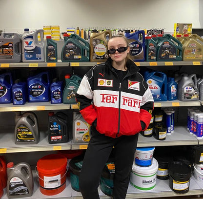 Red x White Ferrari F1 Racing Jacket in dtf print for unisex.
