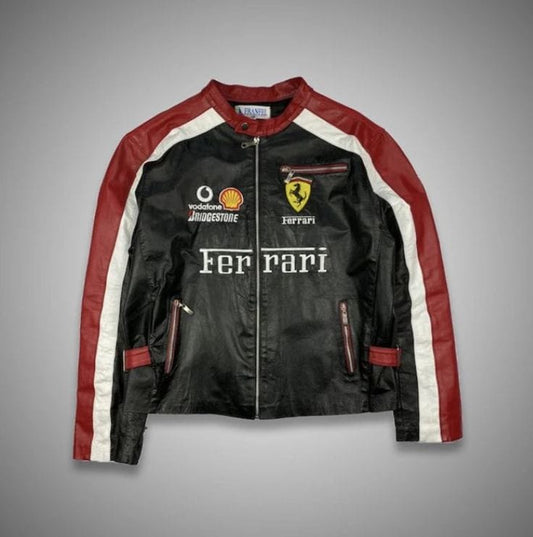 Black & red ferrari jacket in leather embroidered for unisex.