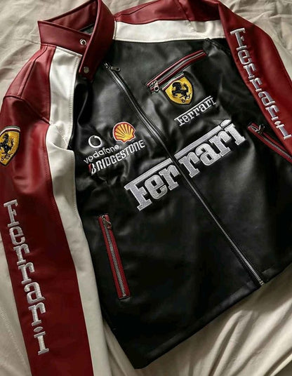 Black & red ferrari jacket in leather embroidered for unisex.