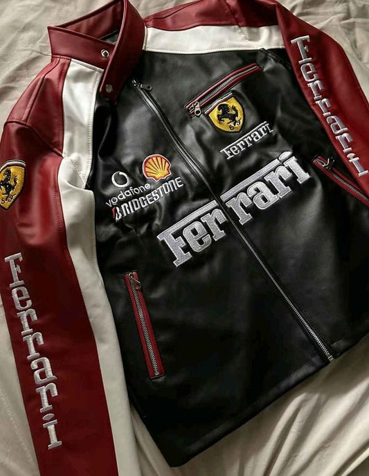 Black & red ferrari jacket in leather embroidered for unisex.