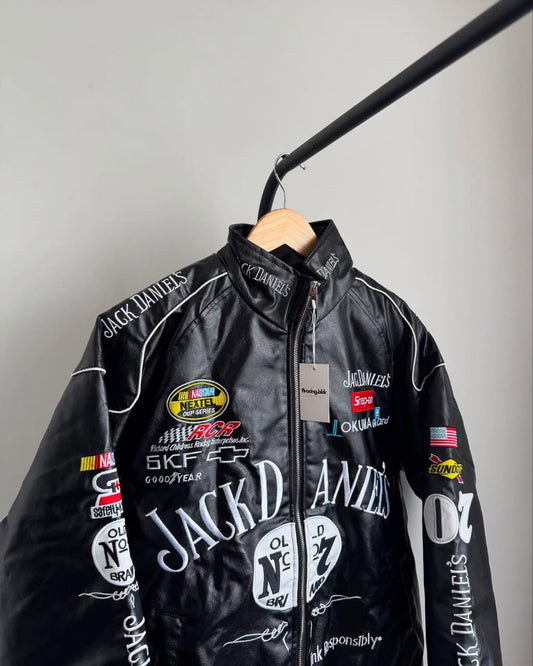 The Embroidered jack deniel jacket in premium leather for unisex.