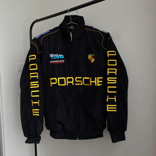 This is Embroidered Porsche jacket in black for unisex.