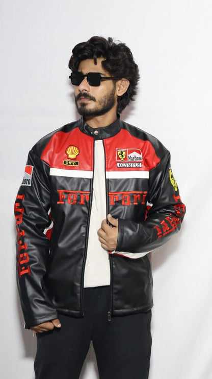 This is Embroidered red & black Ferrari F1 jacket in premium leather for unisex.