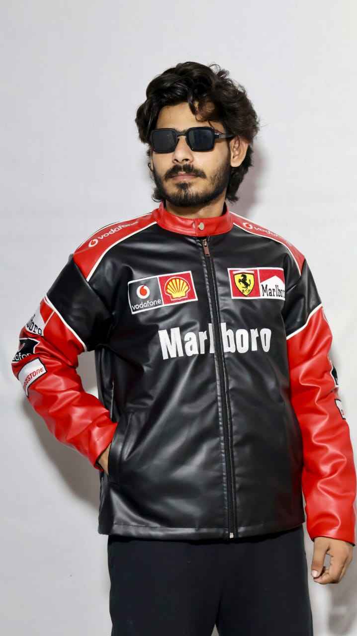 Marlboro Racing Embroidered Jacket - Elevate Your Style with Iconic Motorsport Flair worn by a man in sunglasses, featuring black leather, red sleeves, and racing patches by Xoratic