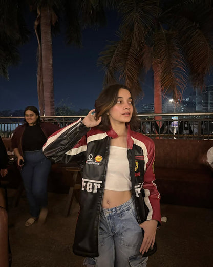 Black & red ferrari racing jacket in leather embroidered for unisex.