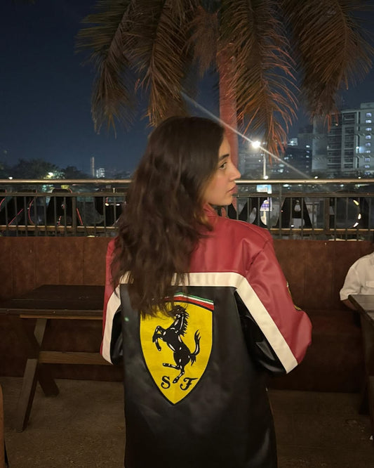 Black & red ferrari racing jacket in leather embroidered for unisex.