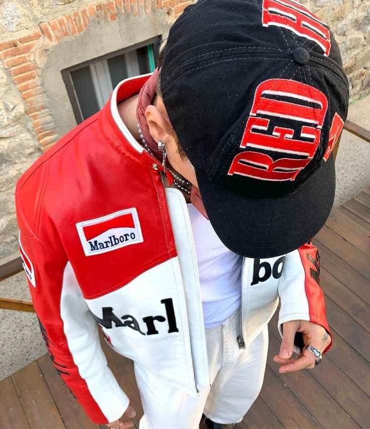 Marlboro Racing Jacket - Chic Pink Ferrari Jacket for Girls | Stylish & Fully Embroidered, red and white racing jacket worn with matching cap by Xoratic