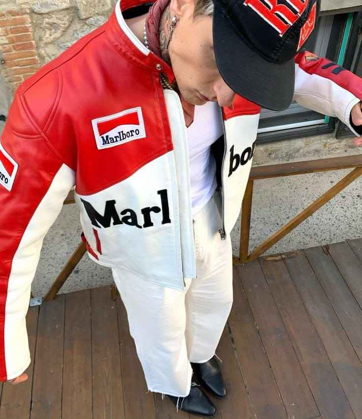 Marlboro Racing Jacket - Chic Pink Ferrari Jacket for Girls | Stylish & Fully Embroidered, shown worn in red and white with bold racing logos