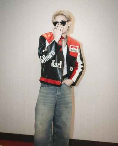 Marlboro Racing Embroidered Jacket: Elevate Your Wardrobe with Timeless Style by Xoratic, modeled in a red, black, and white racing design.