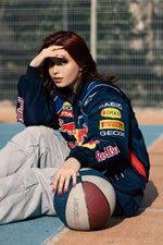 Navy blue embroidered racing jacket by Xoratic