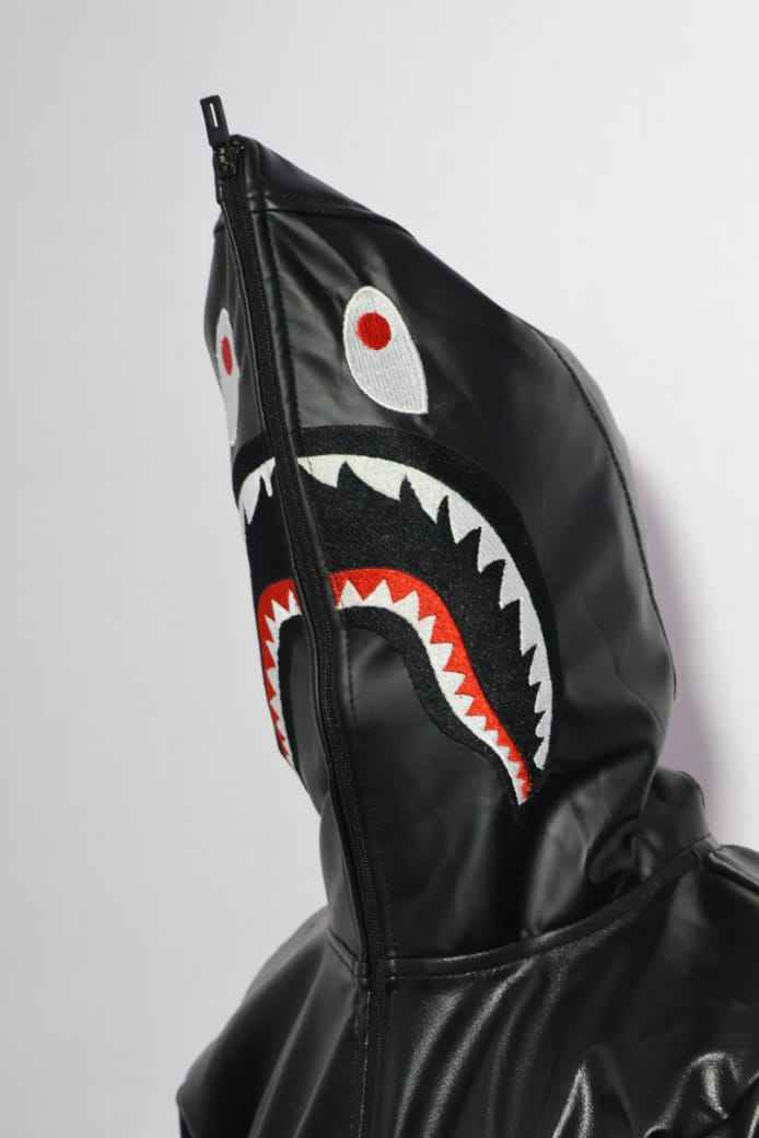 Full-Zip Shark Face Hooded Black Leather-Style Hoodie for unisex.