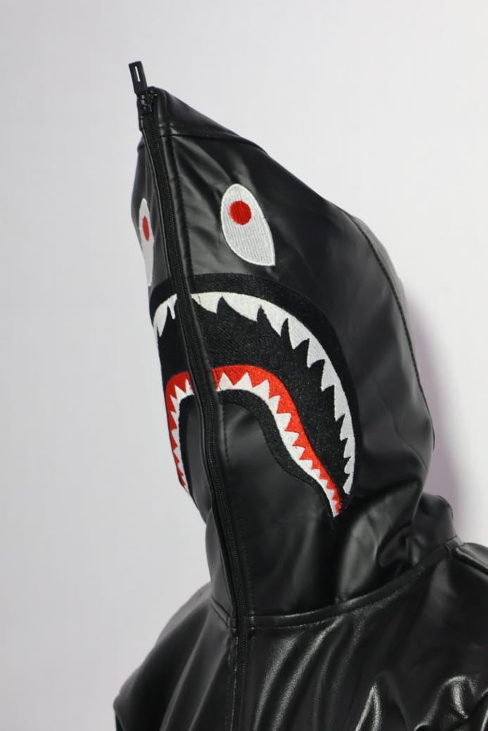 Full-Zip Shark Face Hooded Black Leather-Style Hoodie for unisex.