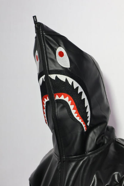 Full-Zip Shark Face Hooded Black Leather-Style Hoodie for unisex.