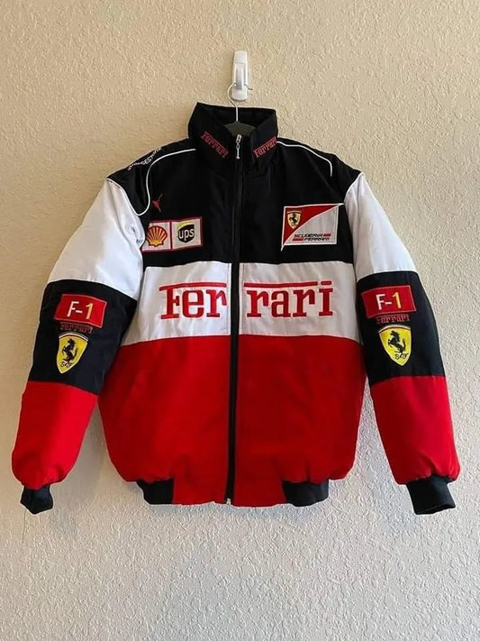 Red x White Ferrari F1 Racing Jacket in dtf print for unisex.