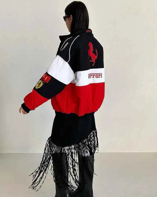 Ferrari Racing Jacket Tri-Colour: Elevate Your Style with Authentic Motorsport Flair, Xoratic black, red and white jacket shown from the back with Ferrari branding
