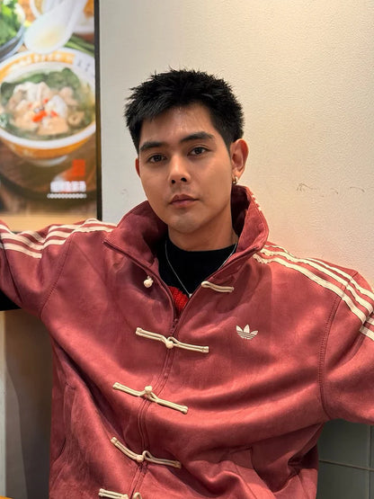 CNY-Inspired Streetwear Jacket – Maroon with Black Suede Finish